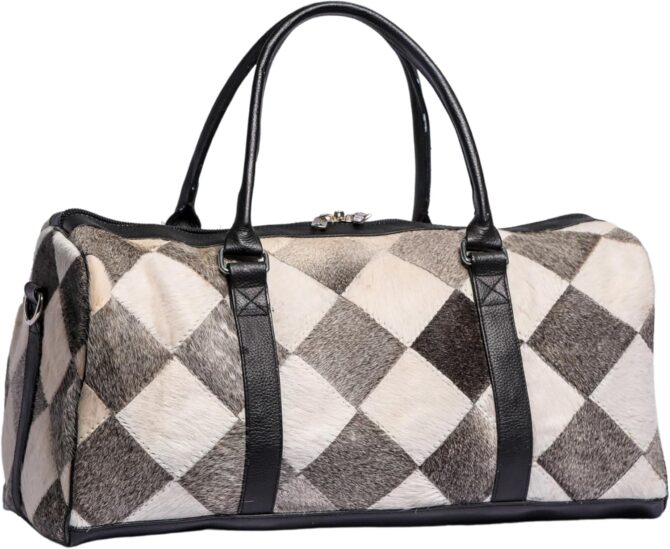 Unisex Cowhide Leather Duffel Bag Animal Print Silver Patch Travel Weekender Overnight Gym Bag - Image 2