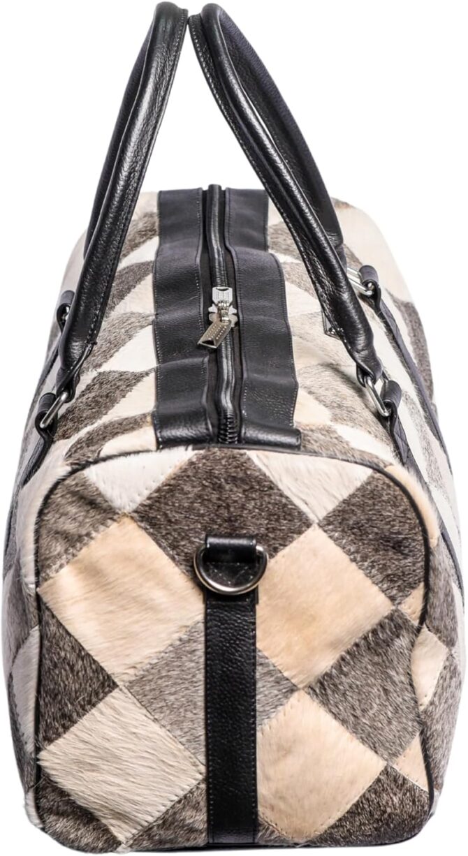Unisex Cowhide Leather Duffel Bag Animal Print Silver Patch Travel Weekender Overnight Gym Bag - Image 3