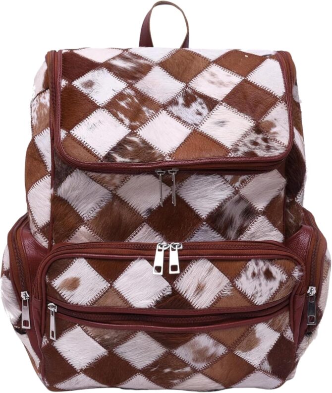 Unisex Cowhide Multipatch Chess Pattern Brown Leather Bag Adult Diaper Bag Womens Travel Bag